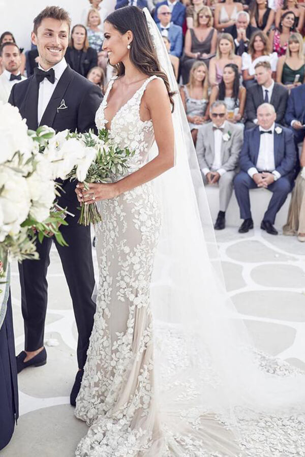 wedding dress vintage online Vintage Lace Mermaid Deep V Neck Wedding Dress, MW558