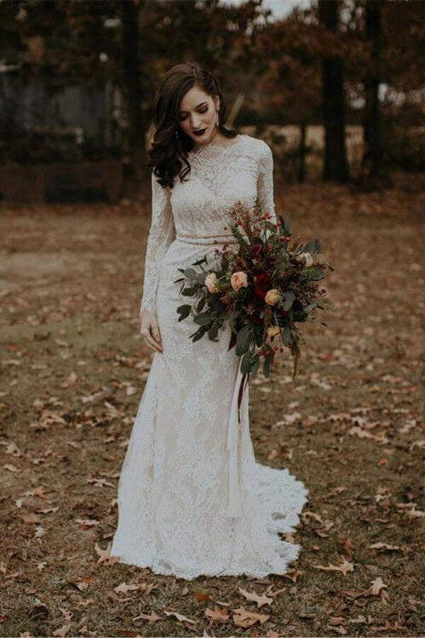 Long Sleeves Lace Mermaid Backless Wedding Dress, MW562
