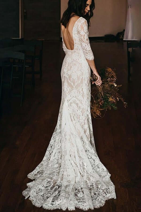 Vintage Mermaid Lace V-neck Boho Wedding Dresses With Chapel Train, MW686 | long sleeves mermaid wedding dresses | lace v neck wedding dress | beach wedding dresses | www.musebridals.com