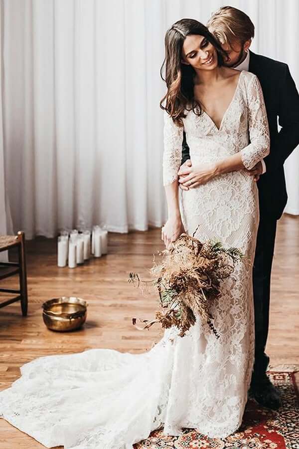 Vintage Mermaid Lace V-neck Boho Wedding Dresses With Chapel Train, MW686 Vintage Mermaid Lace V-neck Boho Wedding Dresses With Chapel Train, MW686