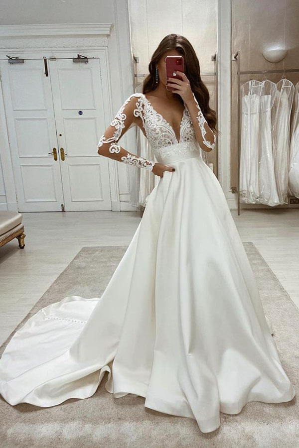 Vintage Satin Lace Ball Gown Deep V Neck Wedding Dresses, Bridal Gown, MW593 Vintage Satin Lace Ball Gown Deep V Neck Wedding Dresses, Bridal Gown, MW593