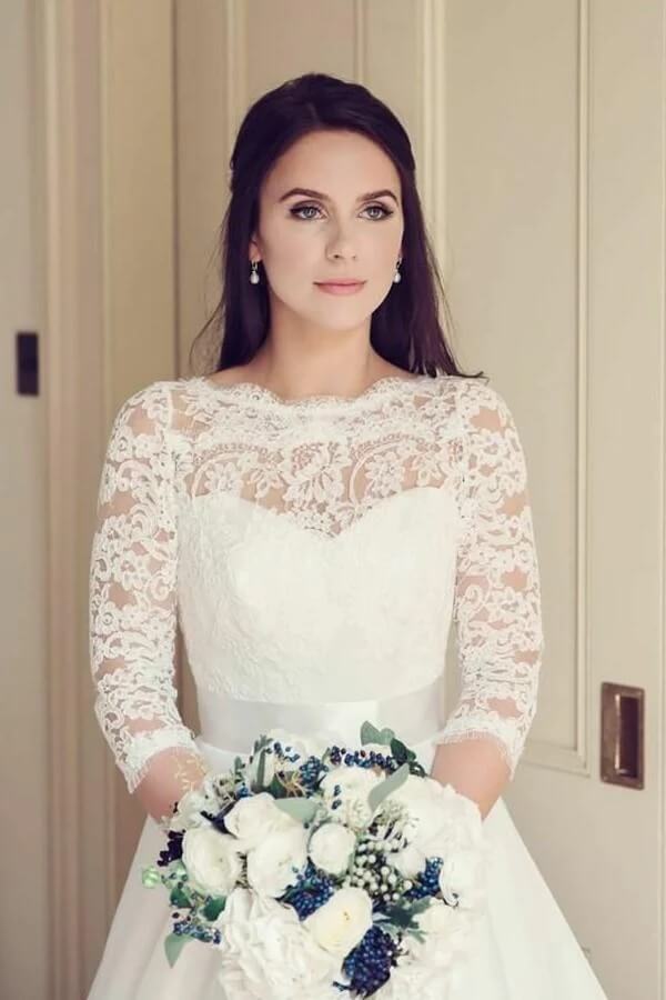 chinese dress ladies BABARONI Lace Top Tulle Skirt Wedding Dresses with Illusion Neck-White, White / US0 main image 0