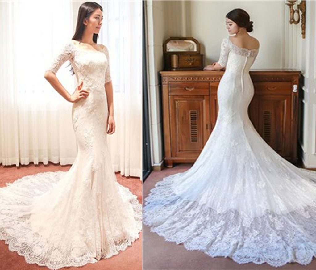 Fabulous Mermaid Half Sleeve Off Shoulder Wedding Dresses, Affordable Bridal Dress, MW149