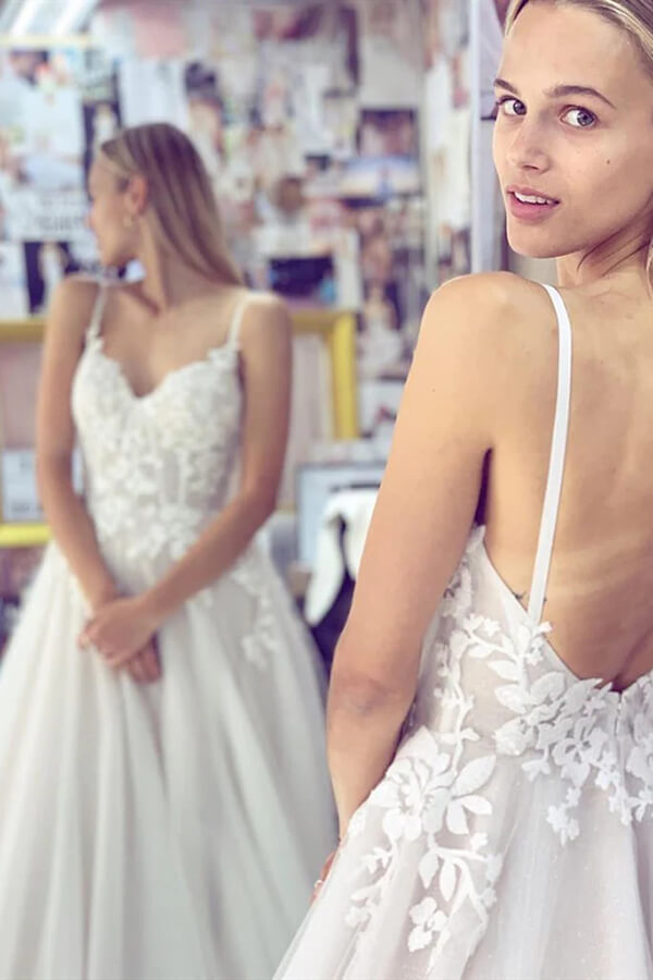 White A-line Sweetheart Spaghetti Straps Backless Lace Wedding Dresses, MW753 White A-line Sweetheart Spaghetti Straps Backless Lace Wedding Dresses, MW753