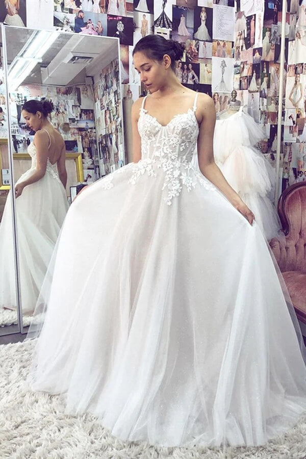 White A-line Sweetheart Spaghetti Straps Backless Lace Wedding Dresses, MW753 White A-line Sweetheart Spaghetti Straps Backless Lace Wedding Dresses, MW753