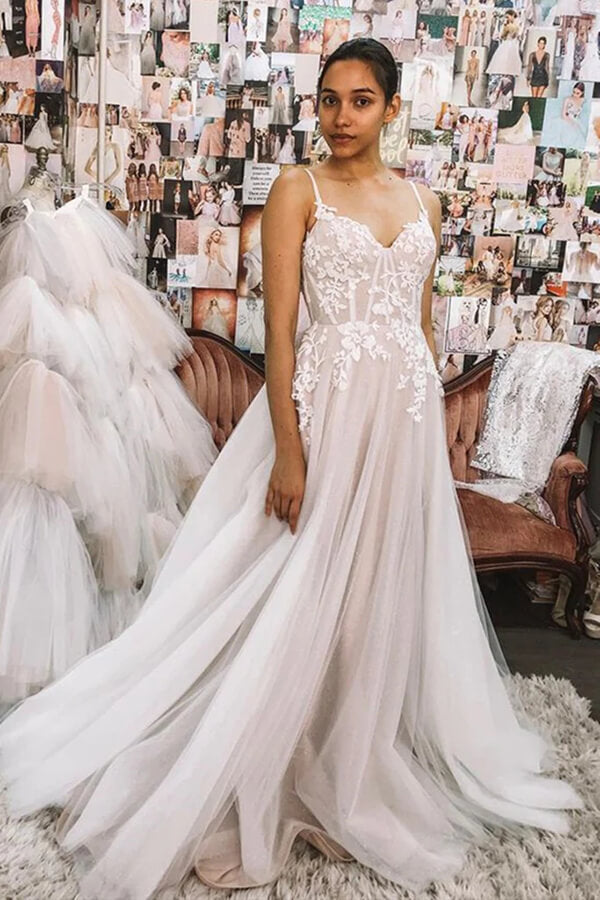 White A-line Sweetheart Spaghetti Straps Backless Lace Wedding Dresses, MW753 White A-line Sweetheart Spaghetti Straps Backless Lace Wedding Dresses, MW753