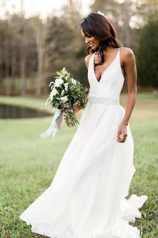 White Chiffon A-line V-neck Beaded Wedding Dresses, Wedding Gowns, MW702 White Chiffon A-line V-neck Beaded Wedding Dresses, Wedding Gowns, MW702