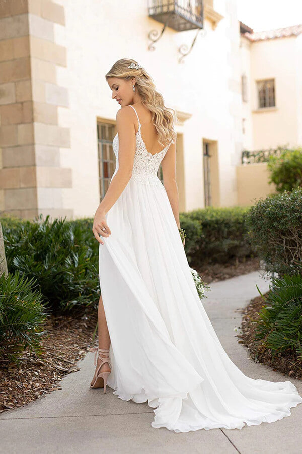 White Chiffon Lace A-line Spaghetti Straps Flowy Beach Wedding Dresses,  MW756