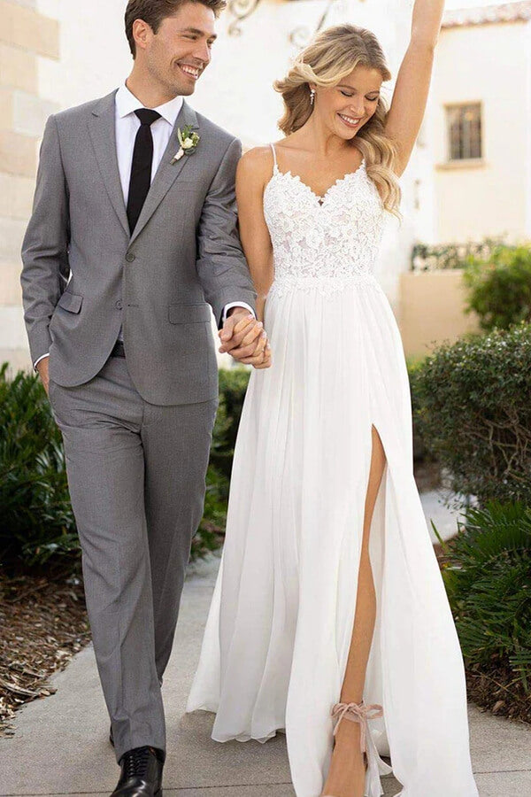 White Chiffon Lace A-line Beach Wedding Dresses, MW756