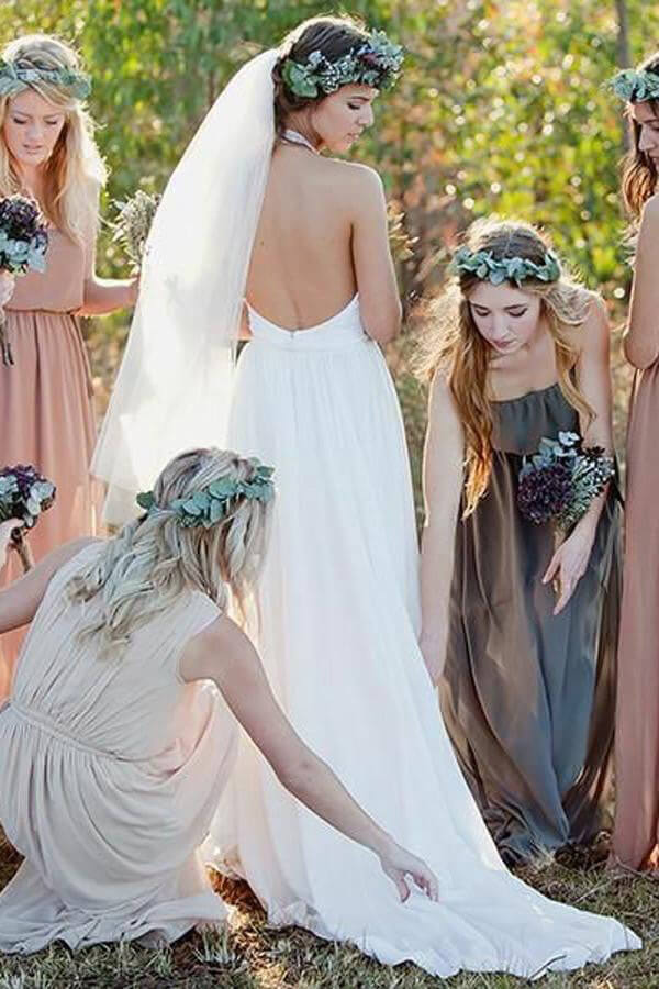 Lace Chiffon A-line Halter Backless Wedding Dress MW655 | Musebridals