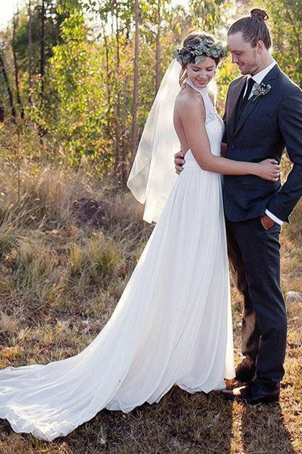 White Lace Chiffon A-line Halter Neck Backless Wedding Dresses With Train, MW655
