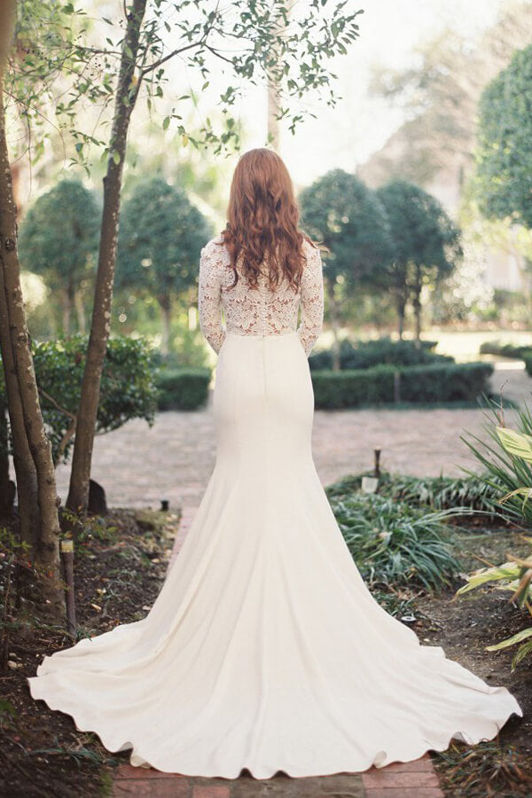 white long sleeve deep v neck dress White Mermaid Deep V-Neck Long Sleeve Lace Wedding Dresses, MW195