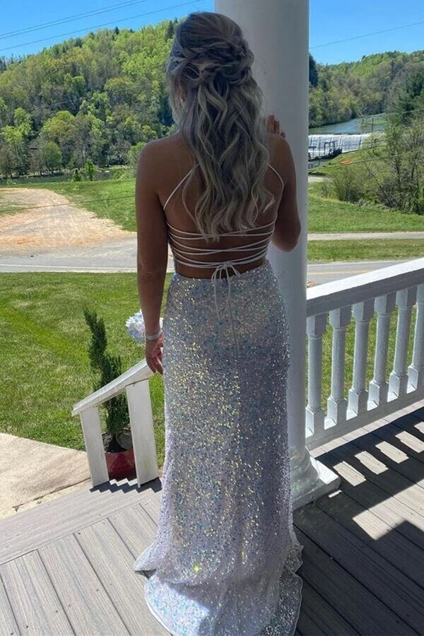 White Mermaid Sequins Backless Slit Prom Dresses, Long Formal Dress, MP756