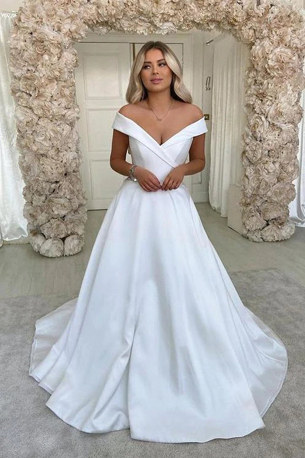 White Satin A-line V-neck Sweep Train Wedding Dresses, Bridal Dress, MW695