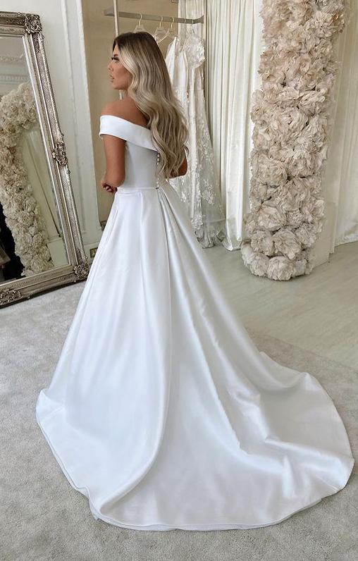 White Satin A-line V-neck Sweep Train Wedding Dresses, Bridal Dress, MW695 White Satin A-line V-neck Sweep Train Wedding Dresses, Bridal Dress, MW695