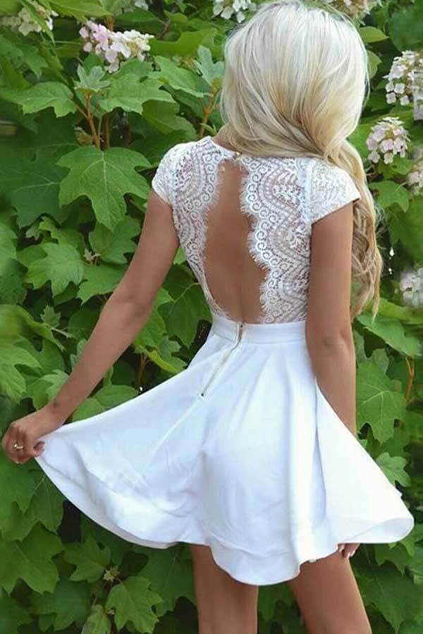 White Lace A-line Cap Sleeves Homecoming Dresses MH577 | Musebridals White Lace A-line Cap Sleeves Homecoming Dresses MH577 | Musebridals