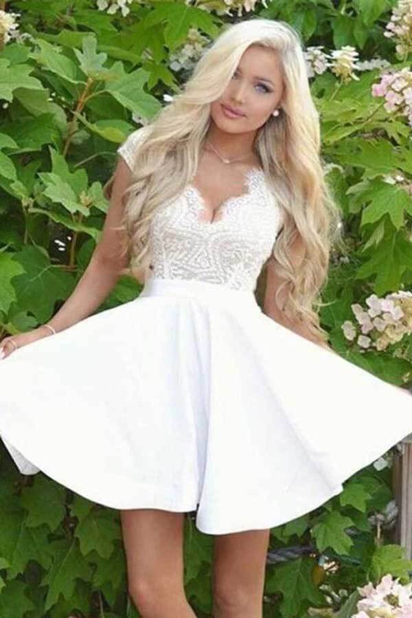 White Satin Lace A-line Cap Sleeves Homecoming Dresses, Graduation Dresses, MH577 White Satin Lace A-line Cap Sleeves Homecoming Dresses, Graduation Dresses, MH577