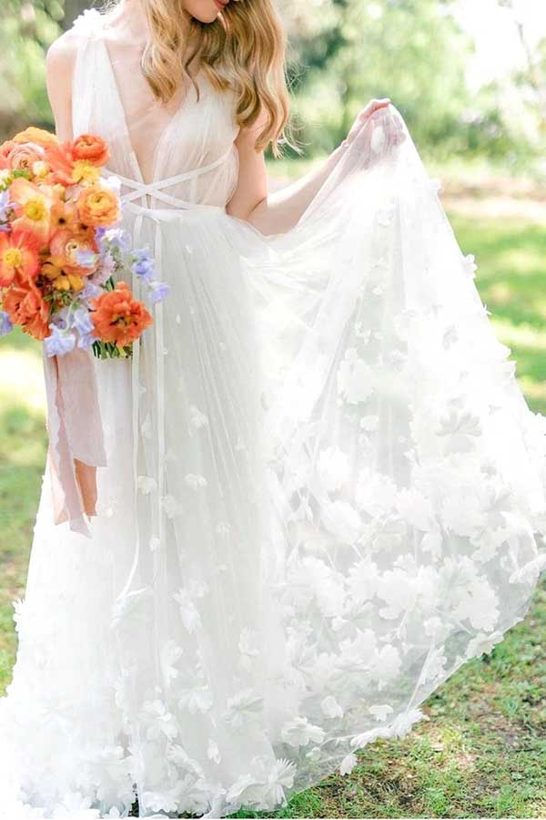 white dresses near me Tulle A-line V-neck Flowers Beach Wedding Dresses MW730