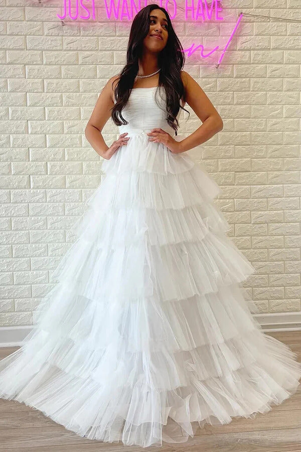 White Tulle Tiered A-line Strapless Prom Dresses, MP802