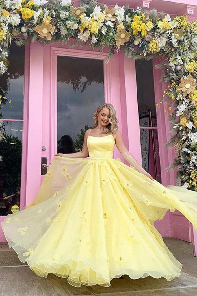 Yellow Satin Tulle Ball Gown Spaghetti Straps 3D Flowers Prom Dresses, MP673 | ball gown prom dresses | yellow prom dress | long formal dresses | www.musebridals.com