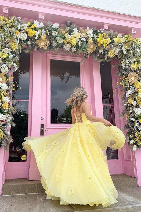 Yellow Satin Tulle Ball Gown Spaghetti Straps 3D Flowers Prom Dresses, MP673 Yellow Satin Tulle Ball Gown Spaghetti Straps 3D Flowers Prom Dresses, MP673