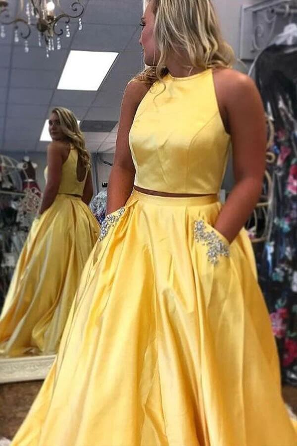 Yellow Satin Two Piece Halter Neck Beaded Long Prom Dress With Pocket, MP791