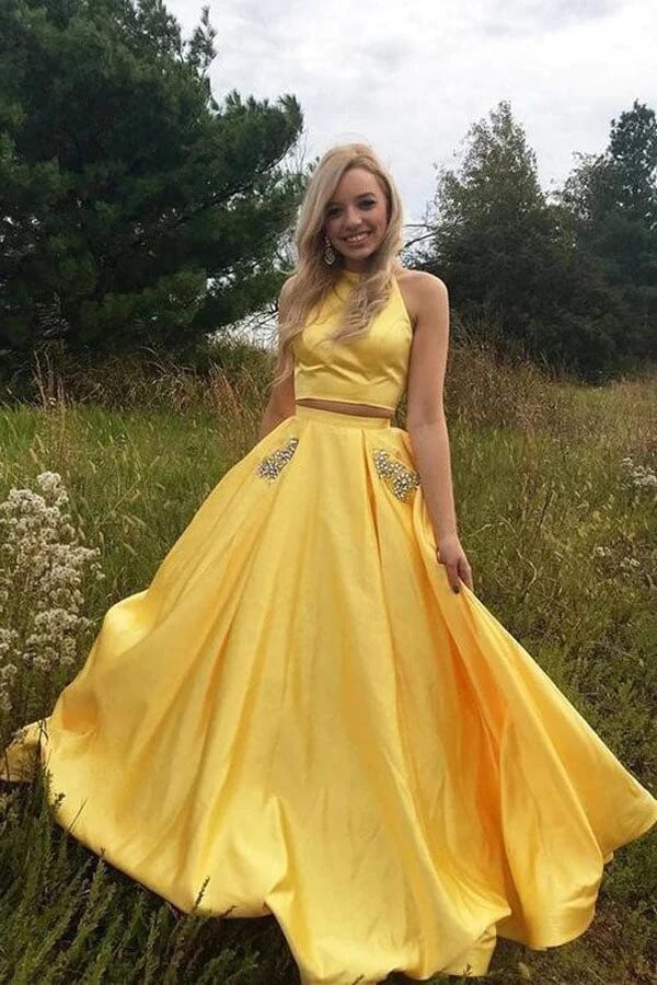 Yellow Satin Two Piece Halter Neck Beaded Long Prom Dress With Pocket, MP791