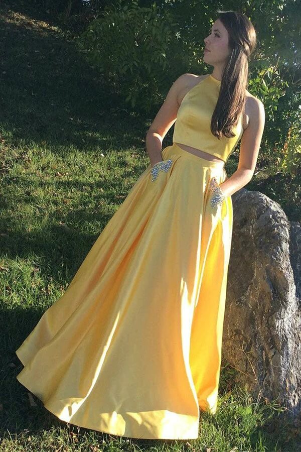 Bright Yellow Two Pieces Halter Neck Prom Dresses Beadings High Slit Party  Dresses,MP493