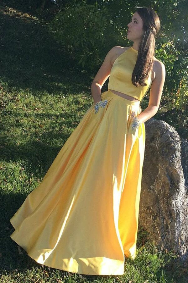 Yellow Satin Two Piece Halter Beaded Prom Dresses MP791 | Musebridals Yellow Satin Two Piece Halter Beaded Prom Dresses MP791 | Musebridals
