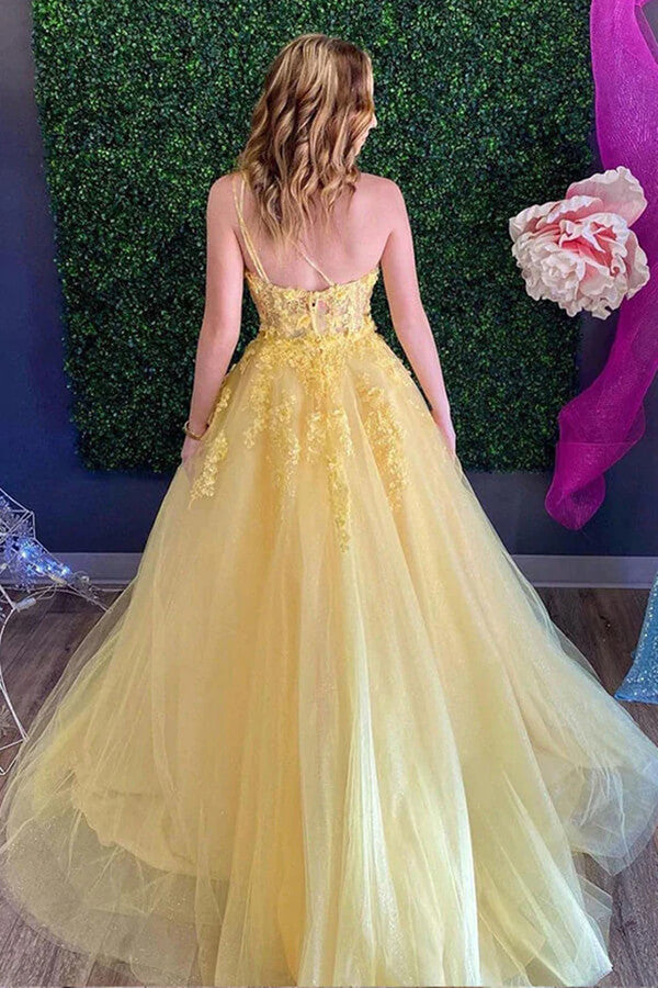 Yellow Tulle A-line One Shoulder Lace Prom Dresses, Evening Dresses, MP719 Yellow Tulle A-line One Shoulder Lace Prom Dresses, Evening Dresses, MP719