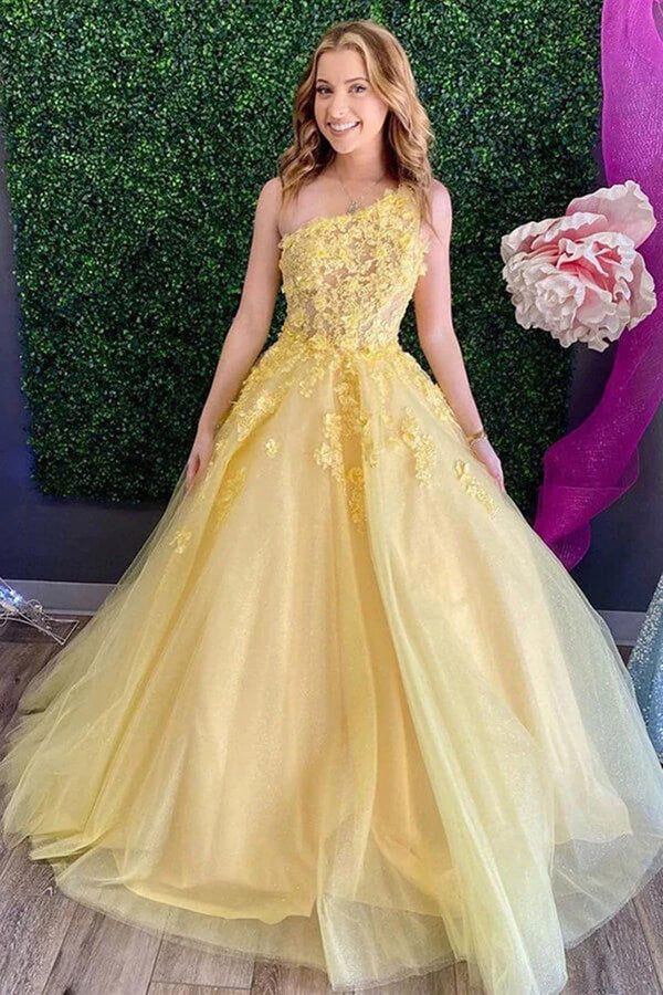 Yellow Tulle A-line One Shoulder Lace Prom Dresses, Evening Dresses, MP719 Yellow Tulle A-line One Shoulder Lace Prom Dresses, Evening Dresses, MP719