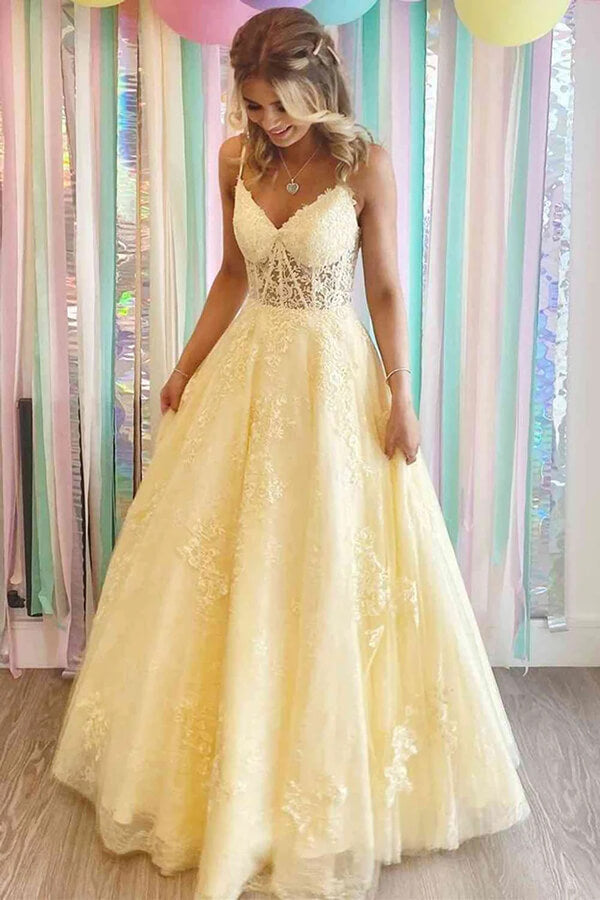 Yellow Tulle A-line V-neck Lace Appliques Prom Dress