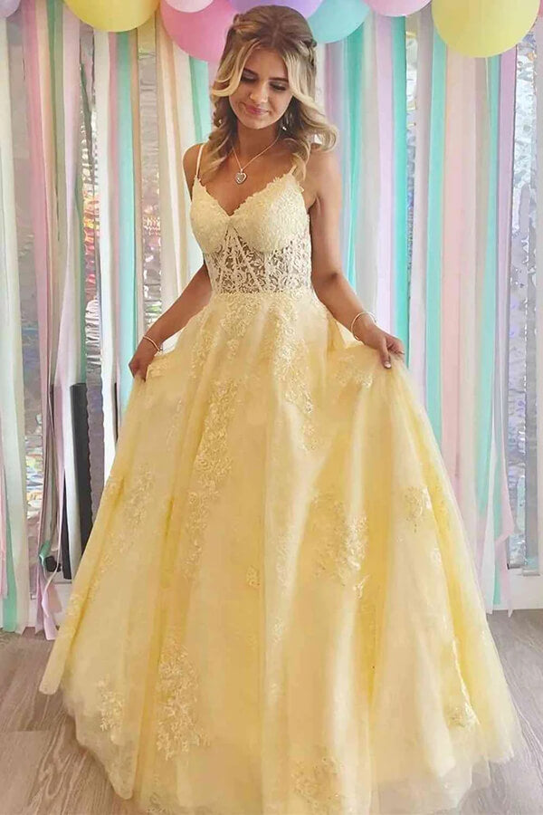 Yellow Tulle A-line V-neck Lace Appliques Prom Dresses, Long Formal Dress,  MP740