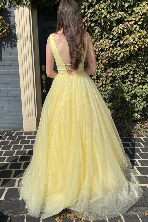 Yellow Tulle A-line V-neck Long Prom Dresses With Belt, Evening Dresses, MP817 Yellow Tulle A-line V-neck Long Prom Dresses With Belt, Evening Dresses, MP817