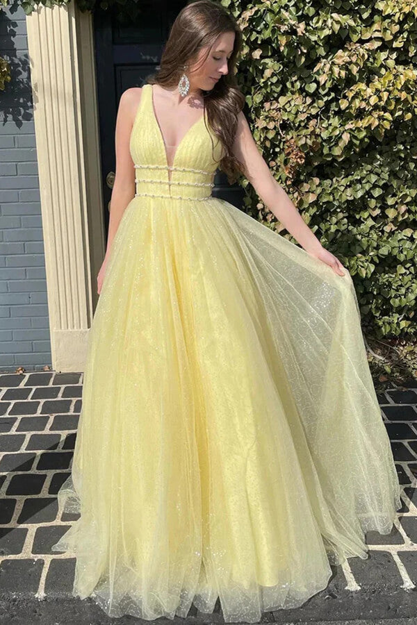 Yellow Tulle A-line V-neck Long Prom Dresses With Belt, Evening Dresses, MP817 Yellow Tulle A-line V-neck Long Prom Dresses With Belt, Evening Dresses, MP817