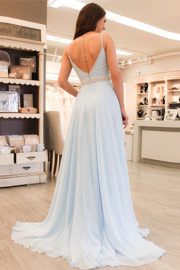 Light Blue Chiffon A-line V-neck Open Back Beaded Prom Dress with Sweep Train, MP266