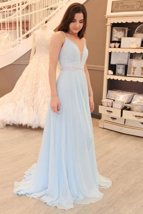 Light Blue Chiffon A-line V-neck Open Back Beaded Prom Dress with Sweep Train, MP266 Light Blue Chiffon A-line V-neck Open Back Beaded Prom Dress with Sweep Train, MP266