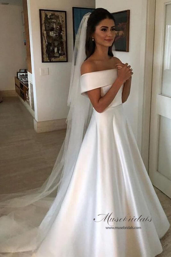 Modest Simple Ivory A Line Off Shoulder Wedding Dresses, Bridal Gown, MW517