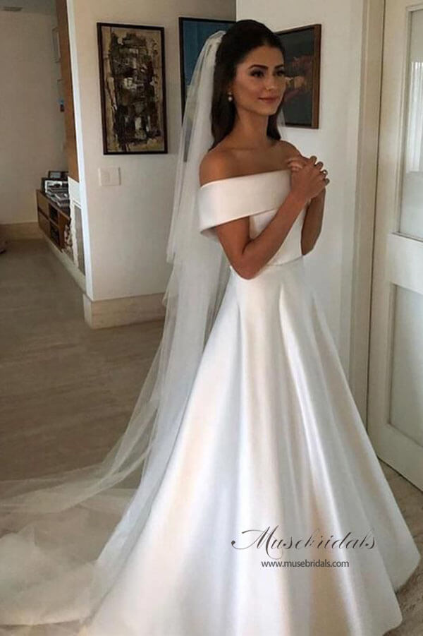 Simple Ivory A Line Off Shoulder Wedding Dresses, MW517 | Musebridals Simple Ivory A Line Off Shoulder Wedding Dresses, MW517 | Musebridals