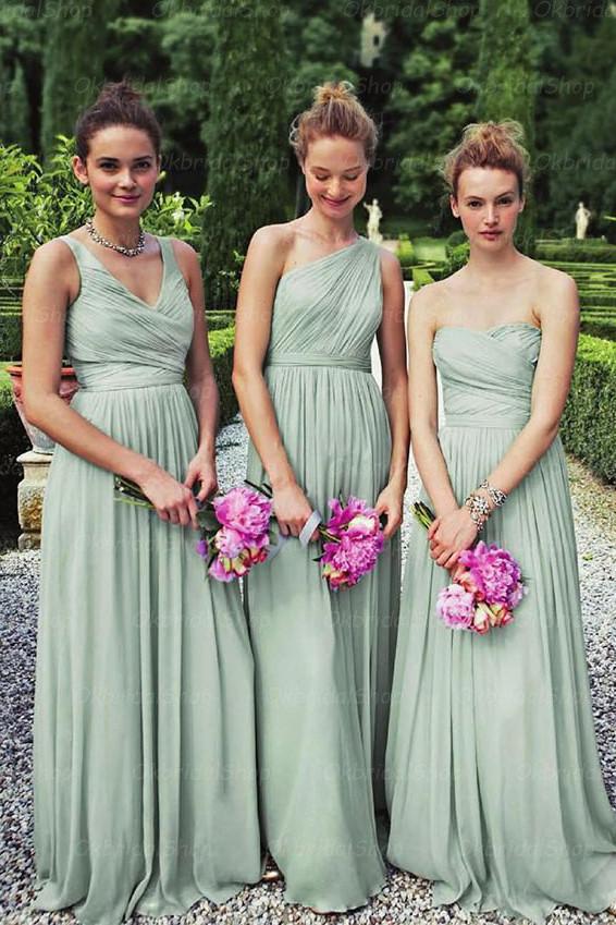 Dusty Green Chiffon Mismatched Long Bridesmaid Dress, Wedding Party Dress, MB133