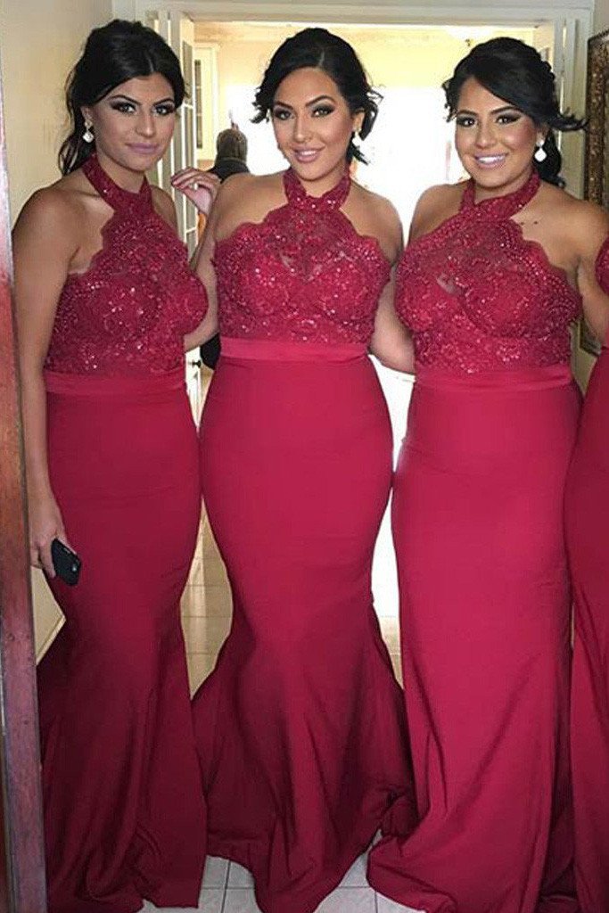 Popular Red Lace Halter Mermaid Wedding Guest Dress Bridesmaid Dresses, MP361 Popular Red Lace Halter Mermaid Wedding Guest Dress Bridesmaid Dresses, MP361