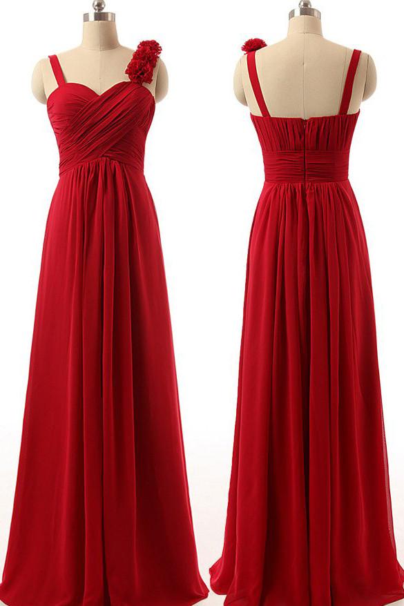 Red Chiffon Sweetheart Long Bridesmaid Dress, Cheap Wedding Party Dress,  MB122