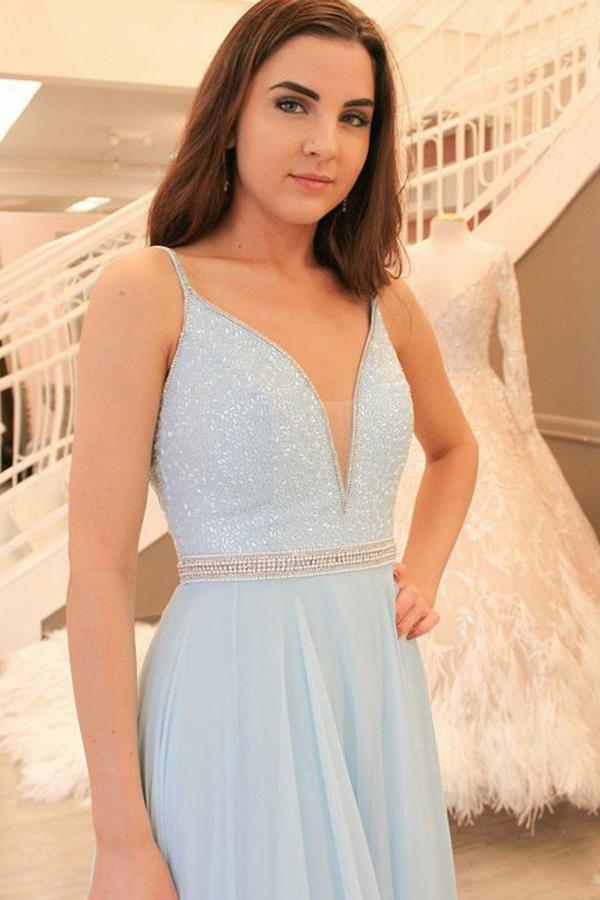 Light Blue Chiffon A-line V-neck Open Back Beaded Prom Dress with Sweep  Train, MP266  Musebridals