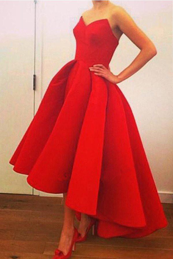High Low Red Satin A-Line Sweetheart Strapless Long Prom Dress with Ruffles, MP119 Musebridals High Low Red Satin A-Line Sweetheart Strapless Long Prom Dress with Ruffles, MP119 Musebridals
