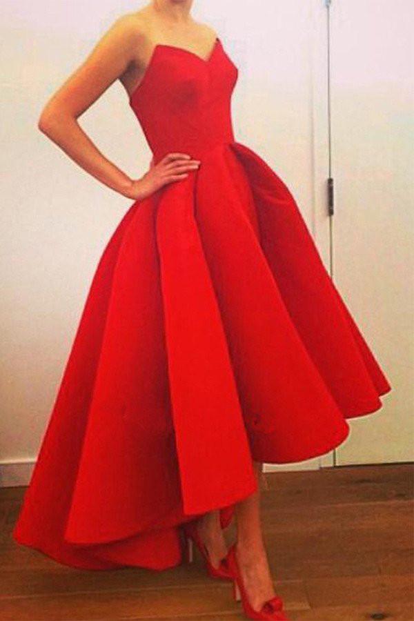 High Low Red Satin A-Line Sweetheart Strapless Long Prom Dress with Ruffles, MP119 at musebridals.com