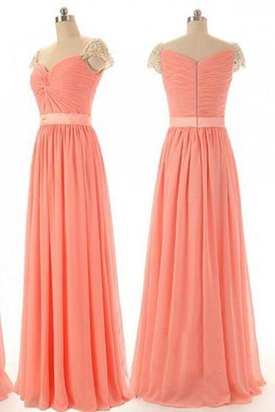 Beaded Chiffon Cap Sleeve Sweetheart Long Bridesmaid Dresses, Simple Prom Dress, MP123