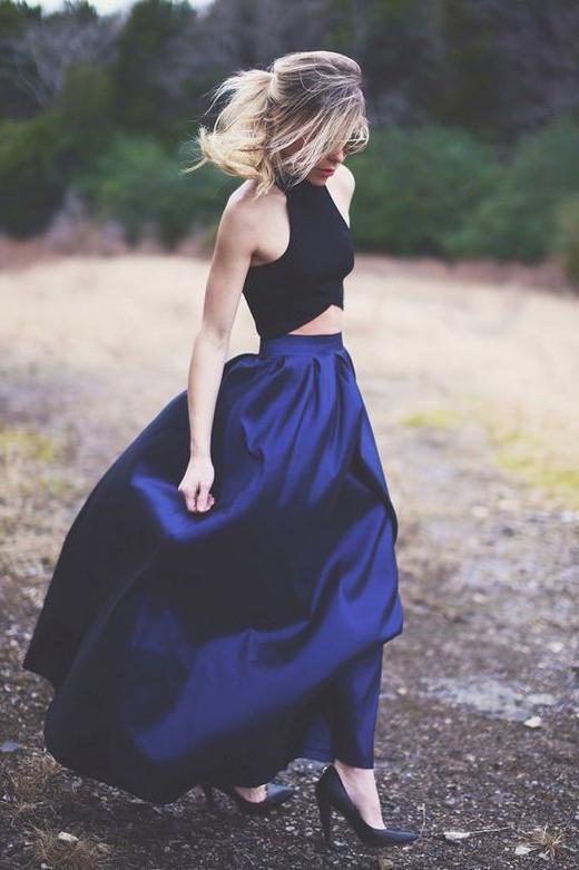 Dark Navy Two Piece Halter Satin Long Prom Dress, Formal Dresses, MP183