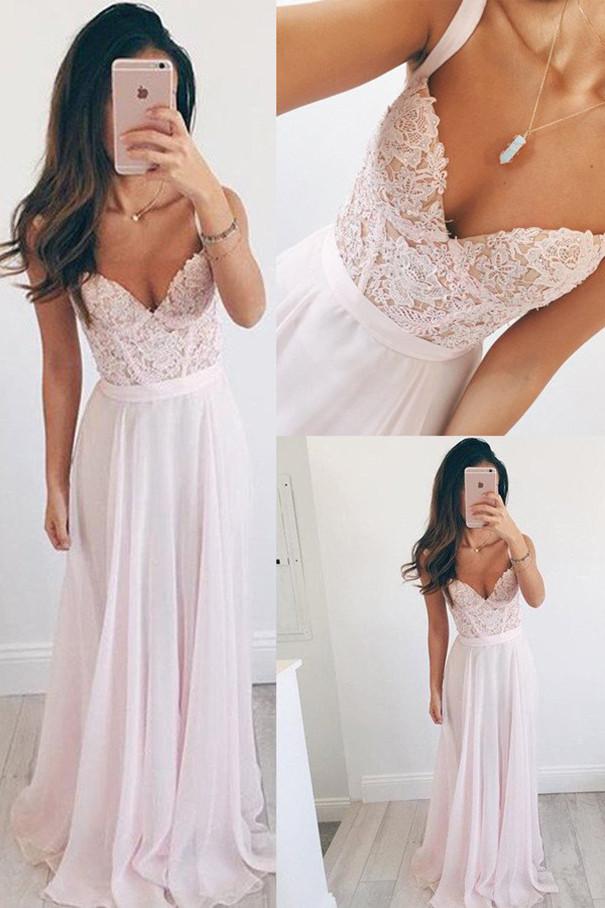 Baby Pink V-neck Chiffon Long Long Prom Dresses, Sleeveless Evening Dress, MP309