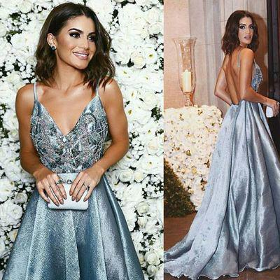 Fabulous Blue Open Back A-line V neck Long Prom Dress, Evening Dresses,  MP209