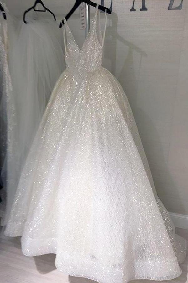Cheap White Floor-Length Deep V-Neck A-line Backless Long Prom Dress Sequins, MP173